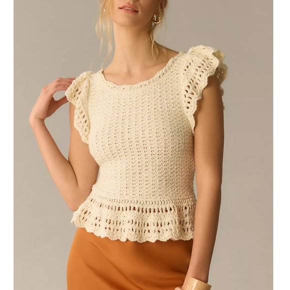By Anthropologie Flutter-Sleeve Crochet Sweater Top - Medium - Picture 1 of 11